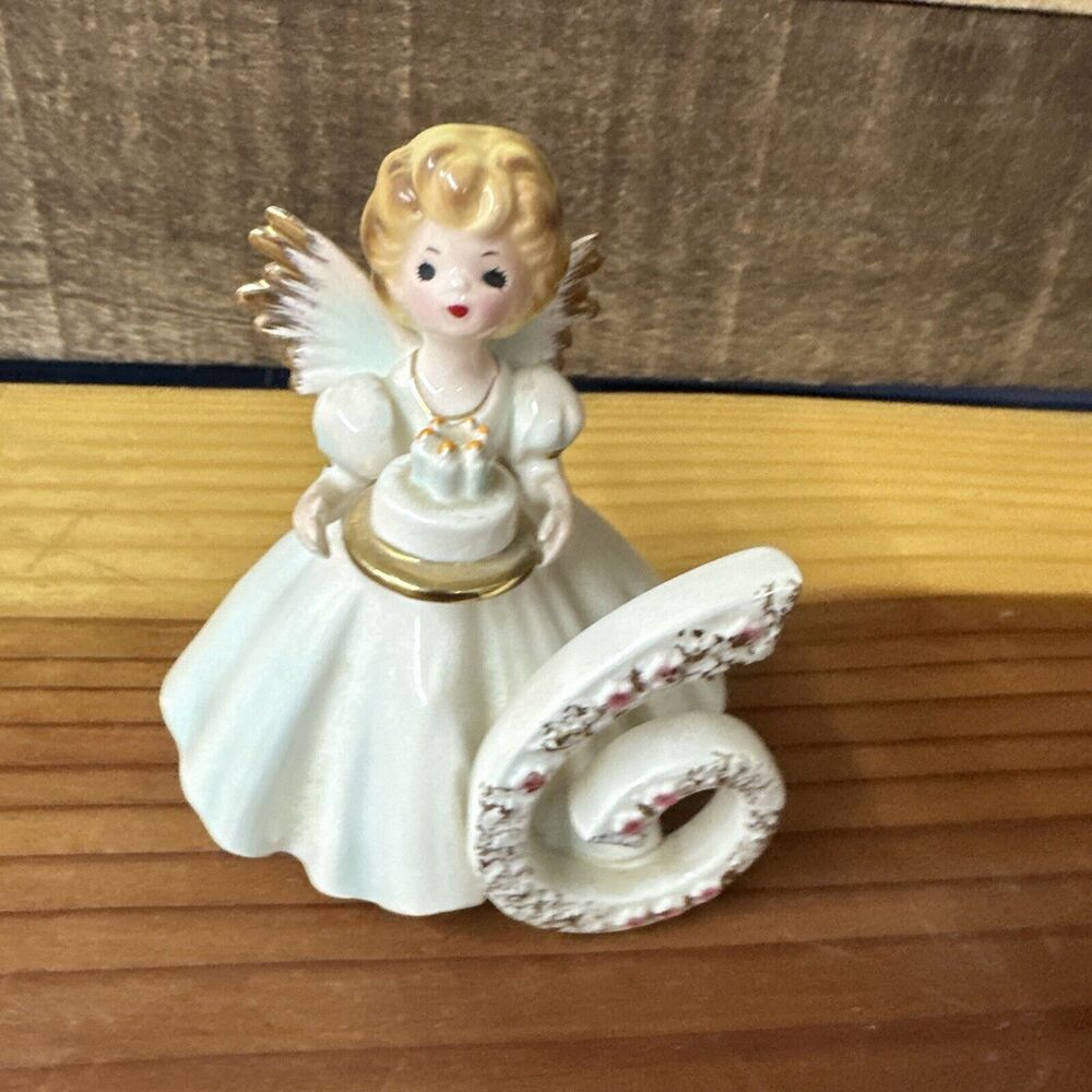 Josef Birthday Angel Age 6 Six Blue Dress Holding Cake 4”